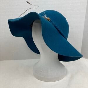 Wool Felt Floppy Hat Women Royal Blue OS Feathers Braid Band Boho Chic Festival